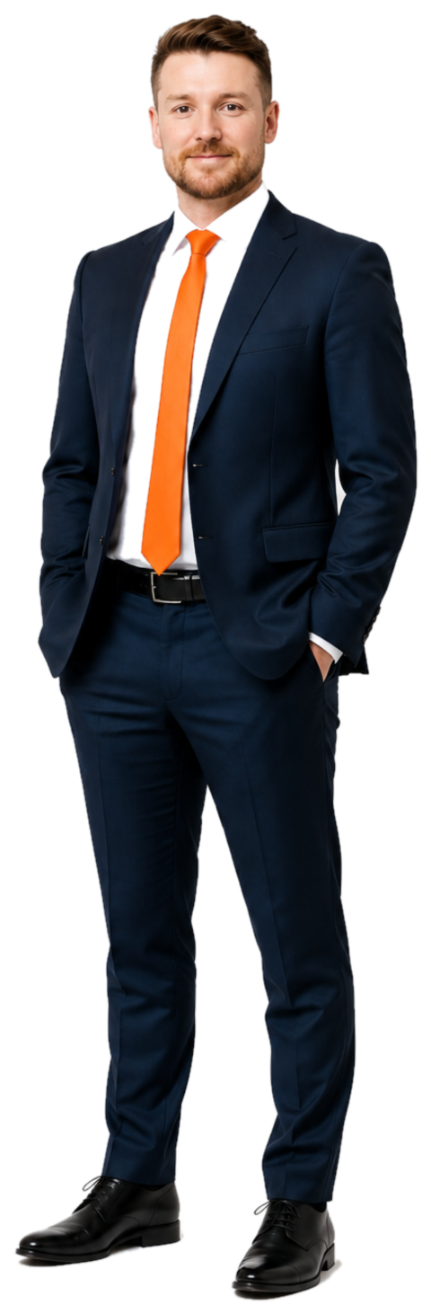 A screened candidate in a navy suit and orange tie, standing