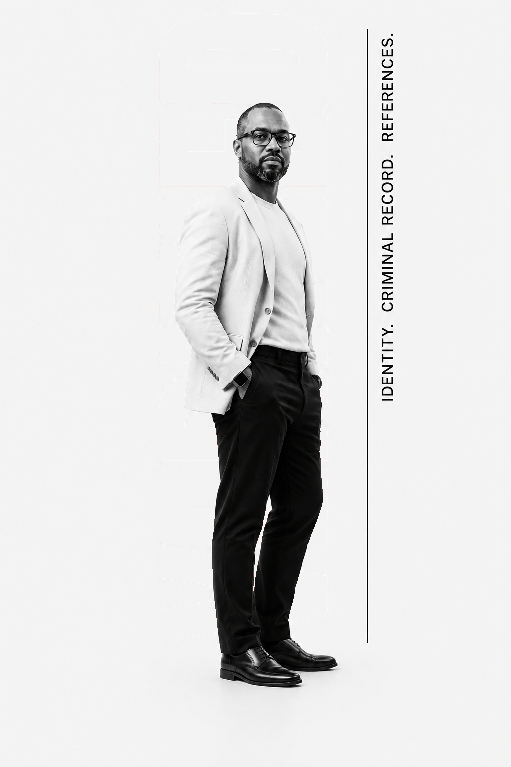A professional standing in front of the word VERIFIED, with the labels identity, criminal record, and references